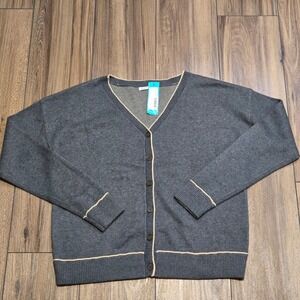 STACCATO Women Gray Knit Cardigan Sweater V-Neck Button Front Trimmed Size L